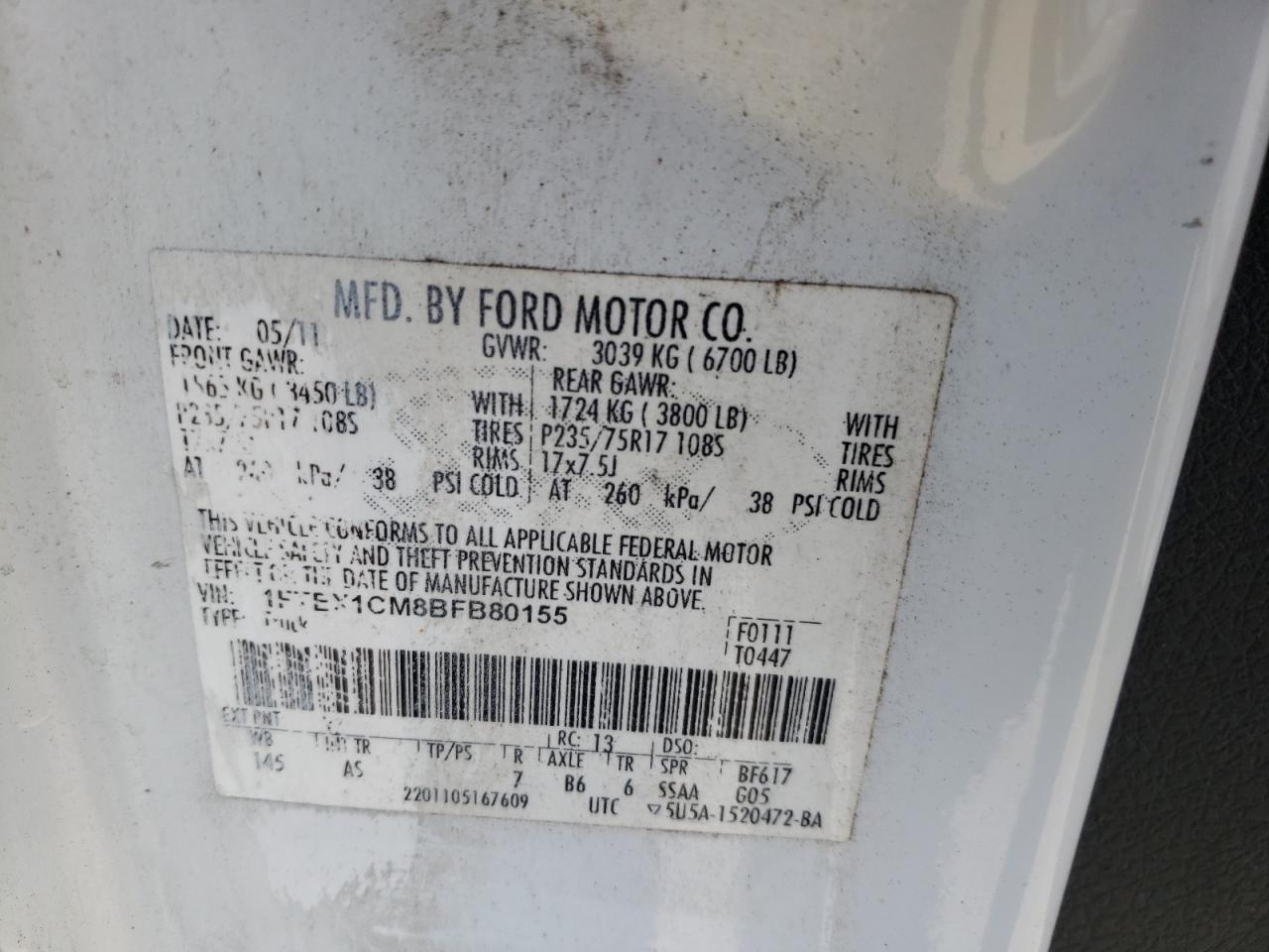 Photo 10 from auction – 2011 FORD F150 SUPER with VIN 1FTEX1CM8BFB80155
