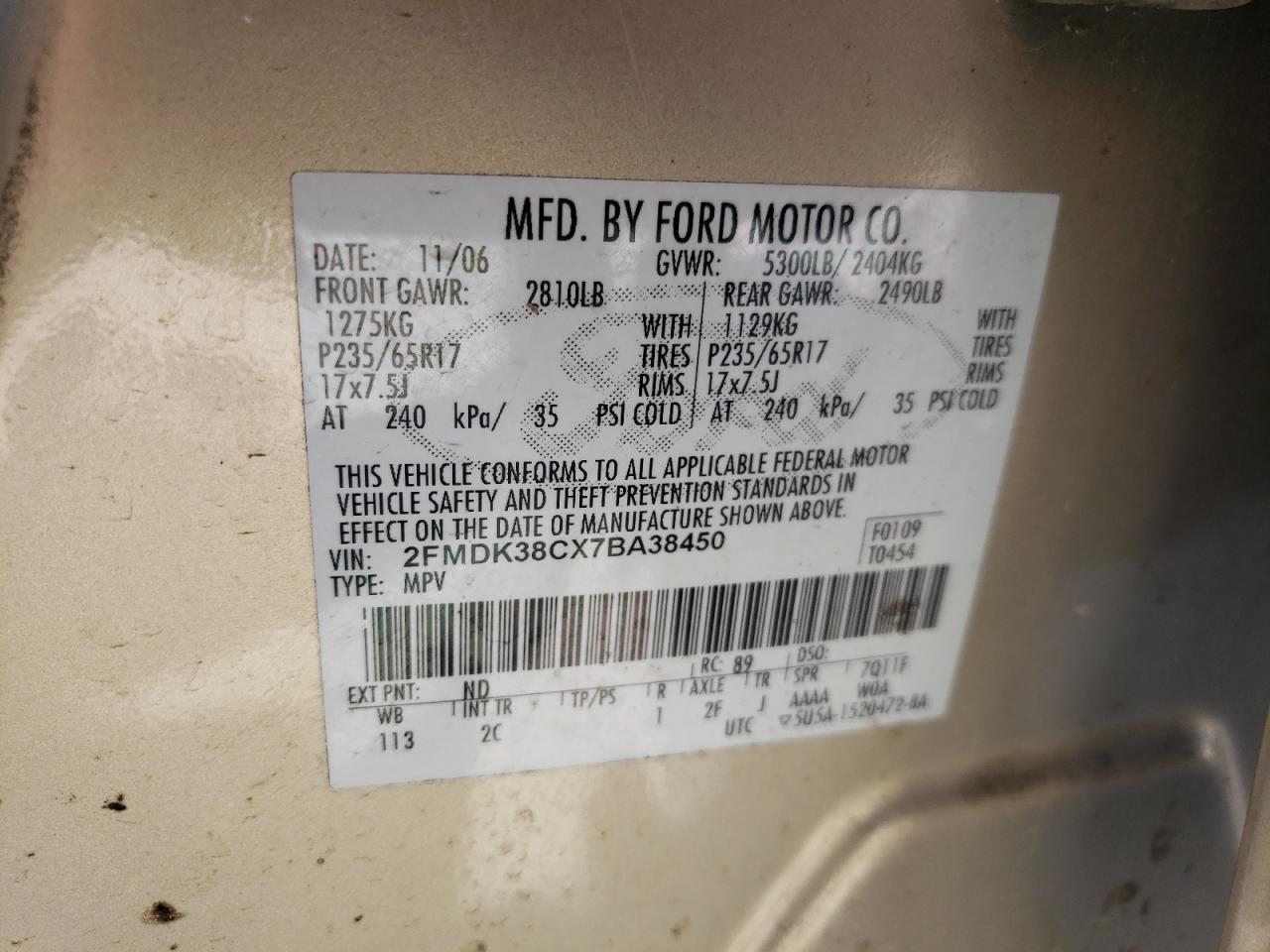 Photo 10 from auction – 2007 FORD EDGE SEL with VIN 2FMDK38CX7BA38450