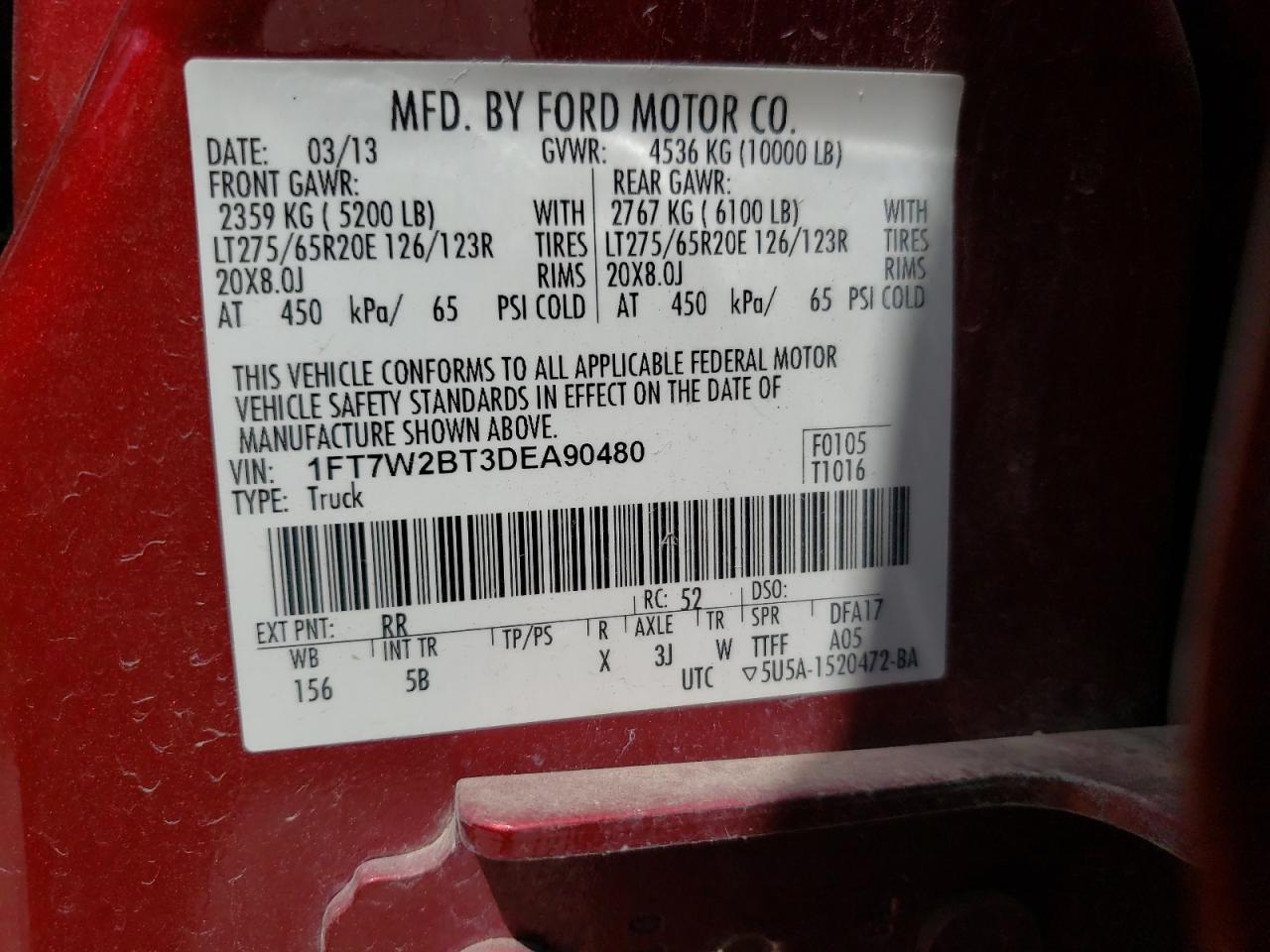 Photo 10 from auction – 2013 FORD F250 SUPER with VIN 1FT7W2BT3DEA90480
