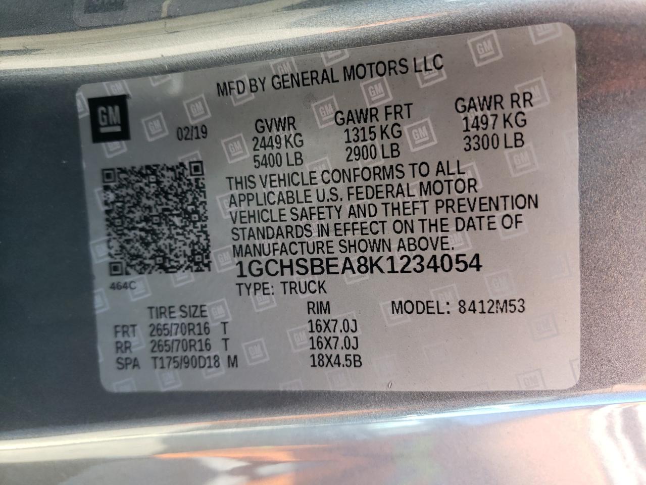 Photo 10 from auction – 2019 CHEVROLET COLORADO with VIN 1GCHSBEA8K1234054