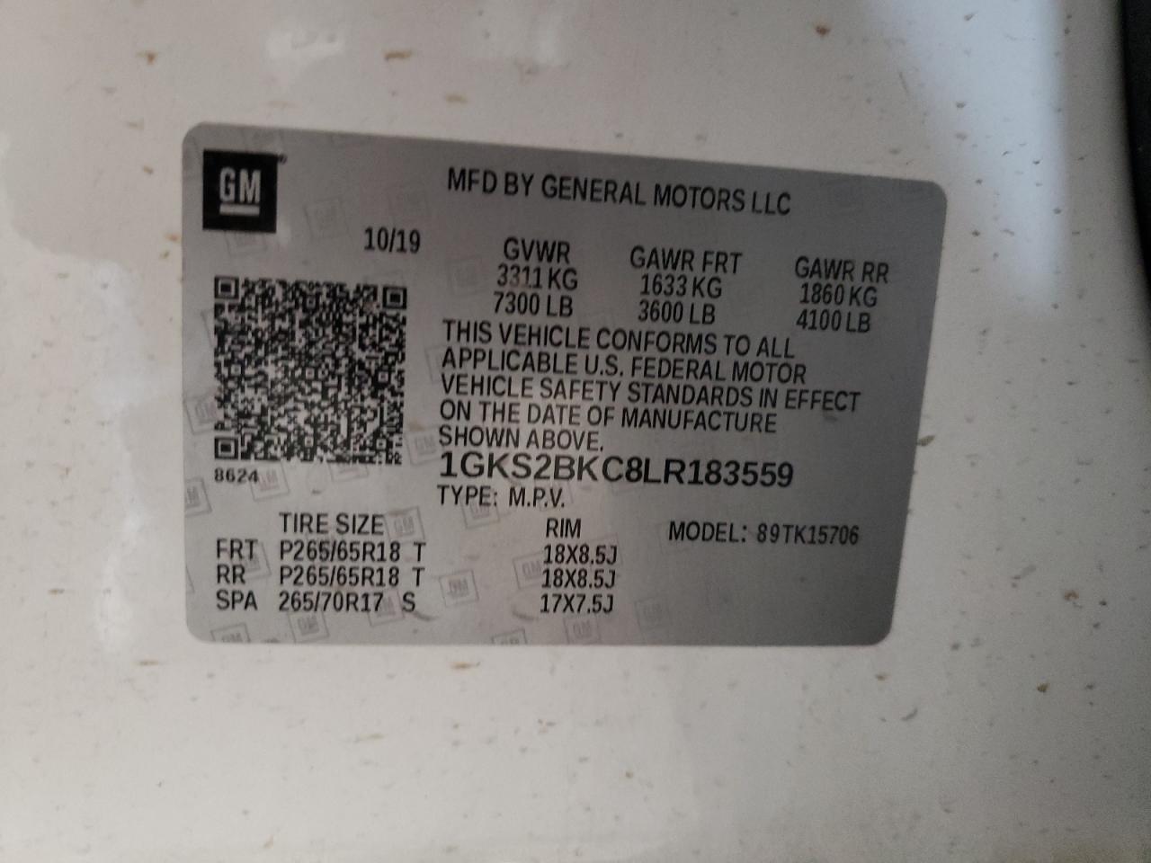 Photo 10 from auction – 2020 GMC YUKON SLT with VIN 1GKS2BKC8LR183559