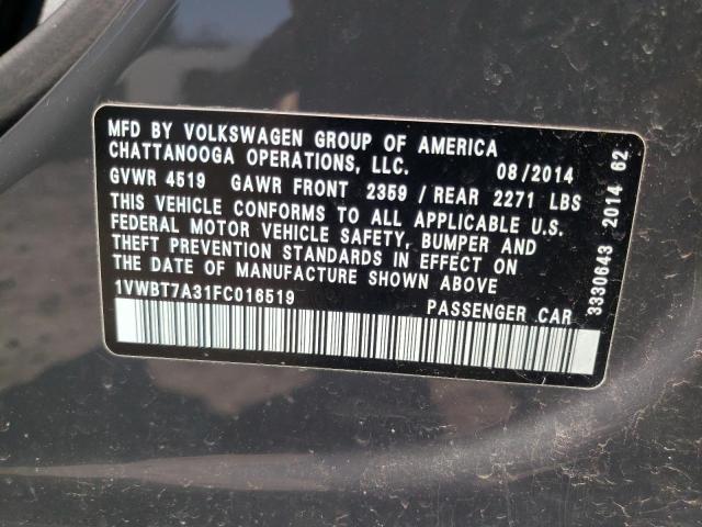 Photo 10 from auction – 2015 VOLKSWAGEN PASSAT SE with VIN 1VWBT7A31FC016519