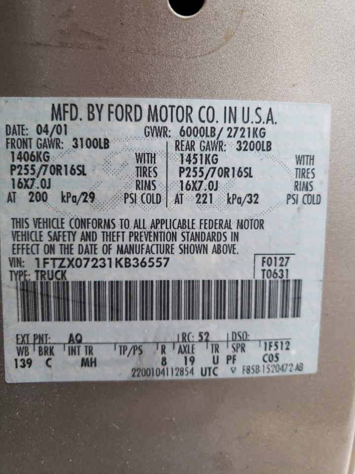 Photo 10 from auction – 2001 FORD F150 with VIN 1FTZX07231KB36557