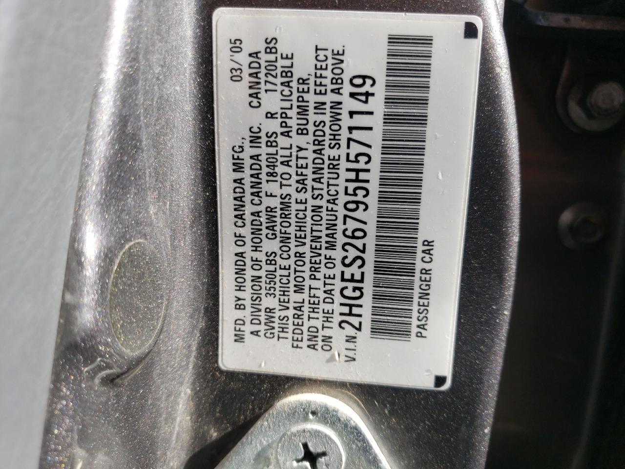 Photo 10 from auction – 2005 HONDA CIVIC EX with VIN 2HGES26795H571149