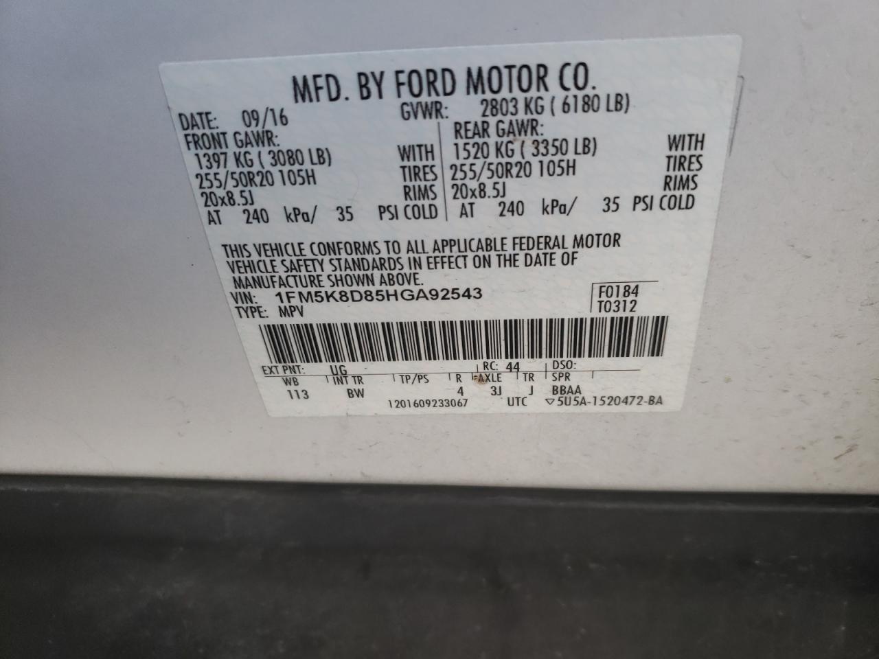 Photo 10 from auction – 2017 FORD EXPLORER X with VIN 1FM5K8D85HGA92543