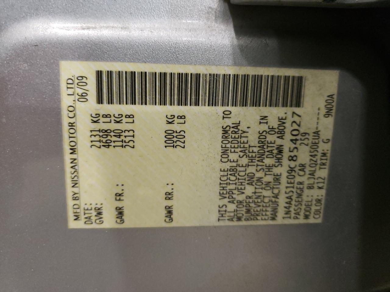 Photo 10 from auction – 2009 NISSAN MAXIMA S with VIN 1N4AA51E09C854027