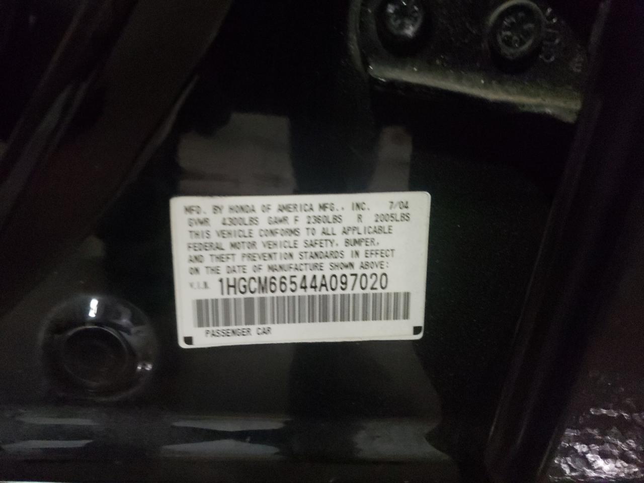 Photo 10 from auction – 2004 HONDA ACCORD EX with VIN 1HGCM66544A097020