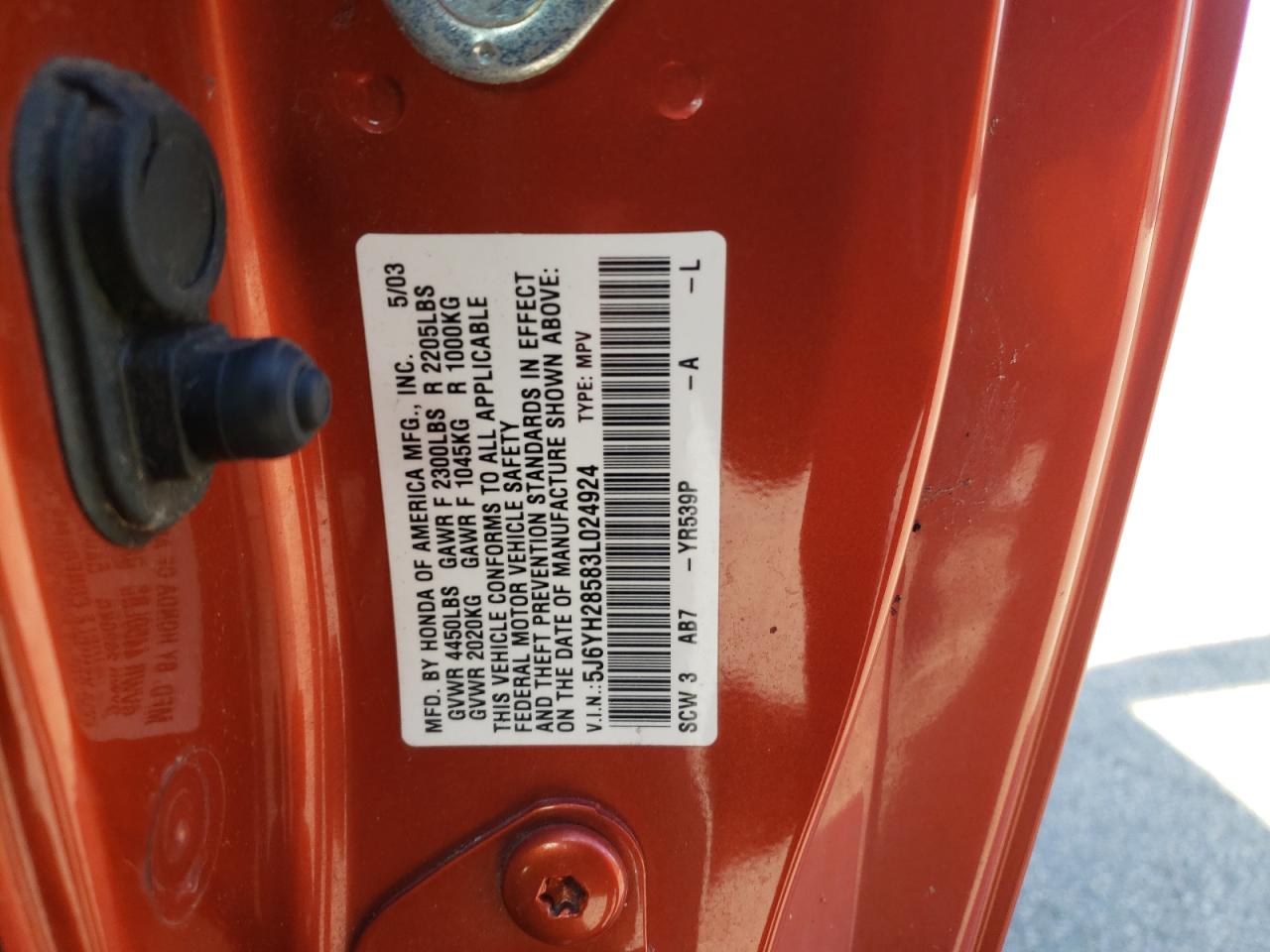 Photo 10 from auction – 2003 HONDA ELEMENT EX with VIN 5J6YH28583L024924
