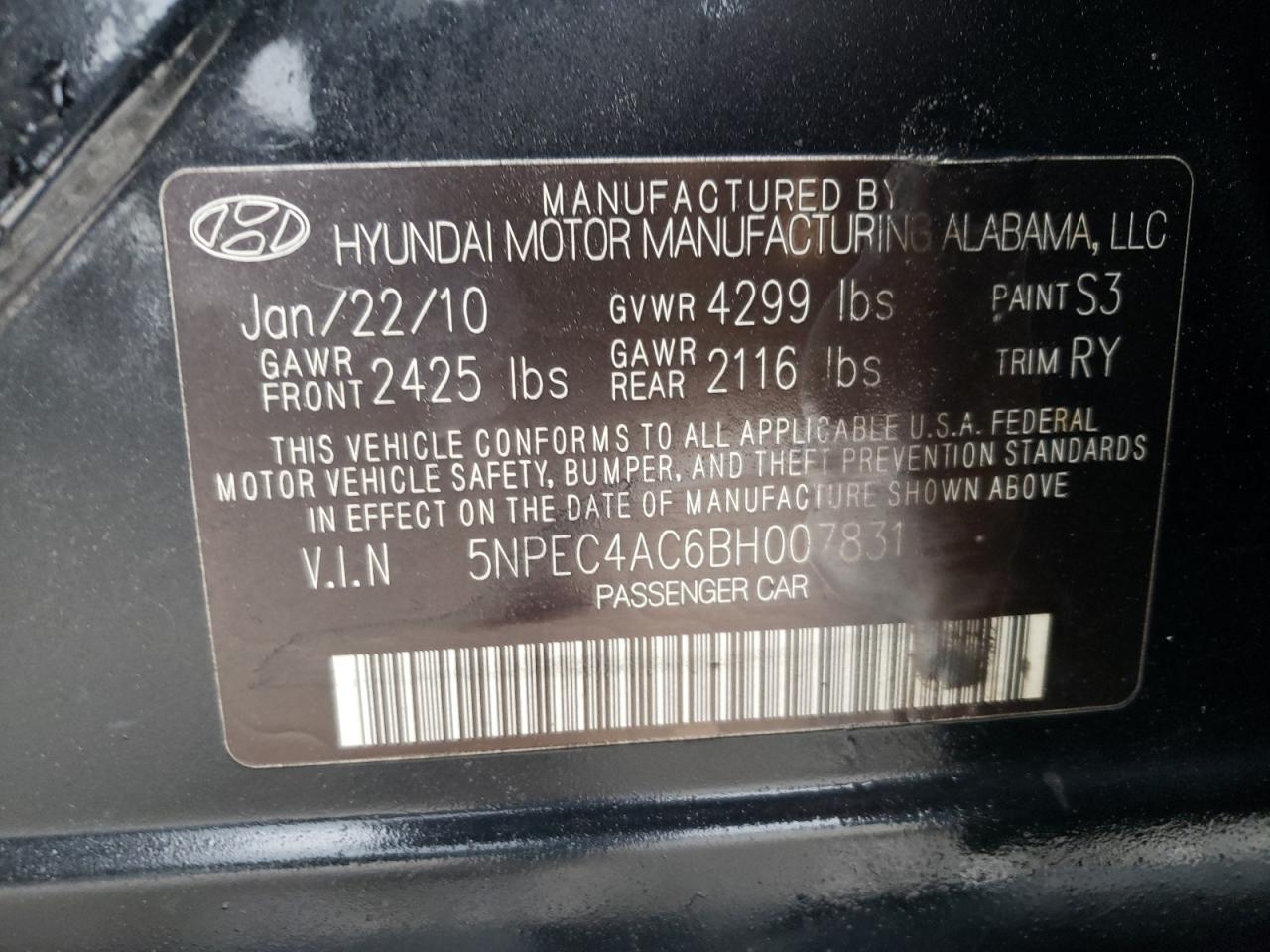 Photo 10 from auction – 2011 HYUNDAI SONATA SE with VIN 5NPEC4AC6BH007831