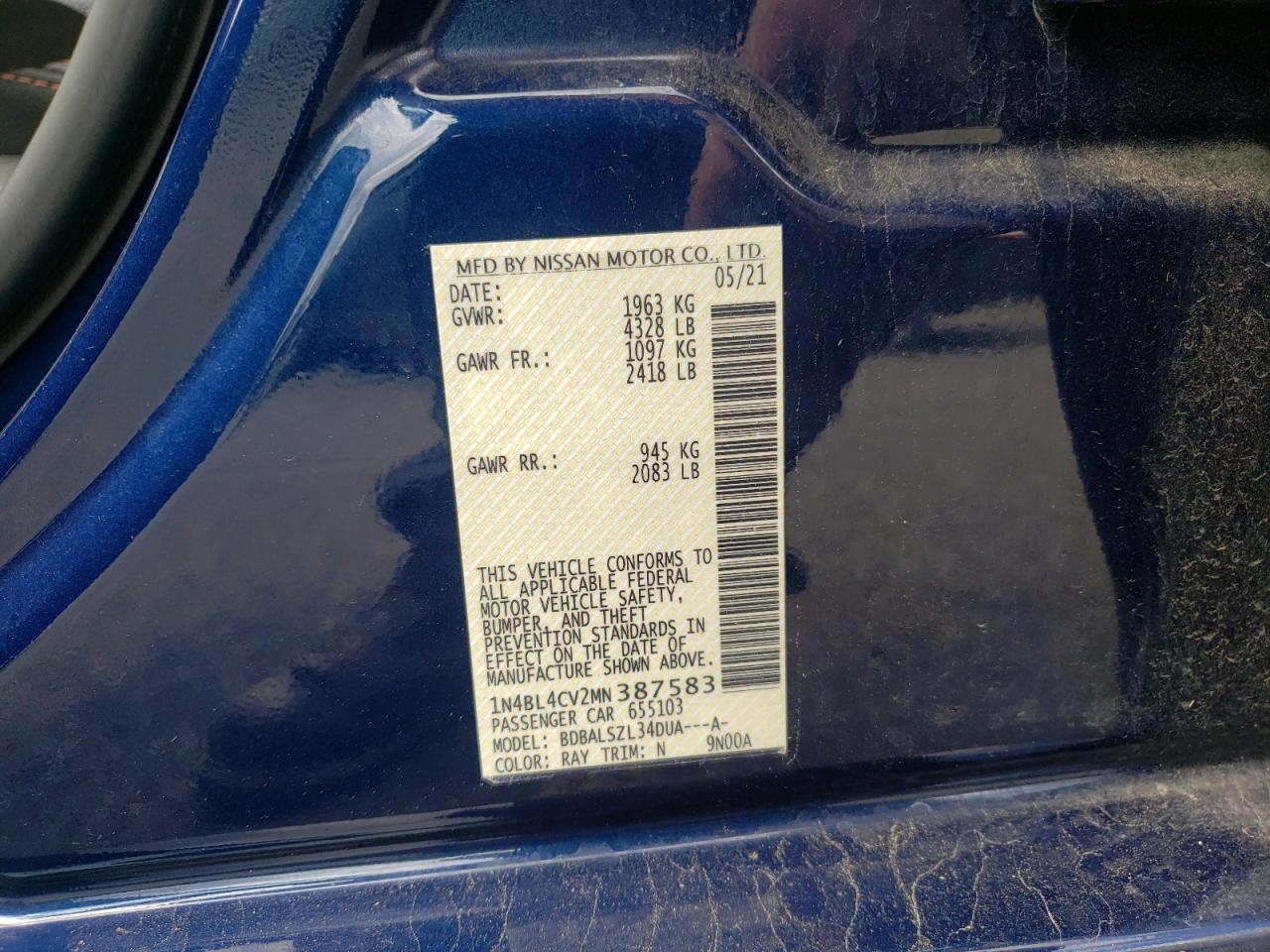 Photo 10 from auction – 2021 NISSAN ALTIMA SR with VIN 1N4BL4CV2MN387583