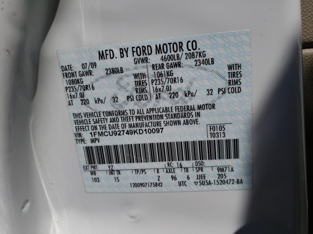Photo 10 from auction – 2009 FORD ESCAPE XLS with VIN 1FMCU92749KD10097