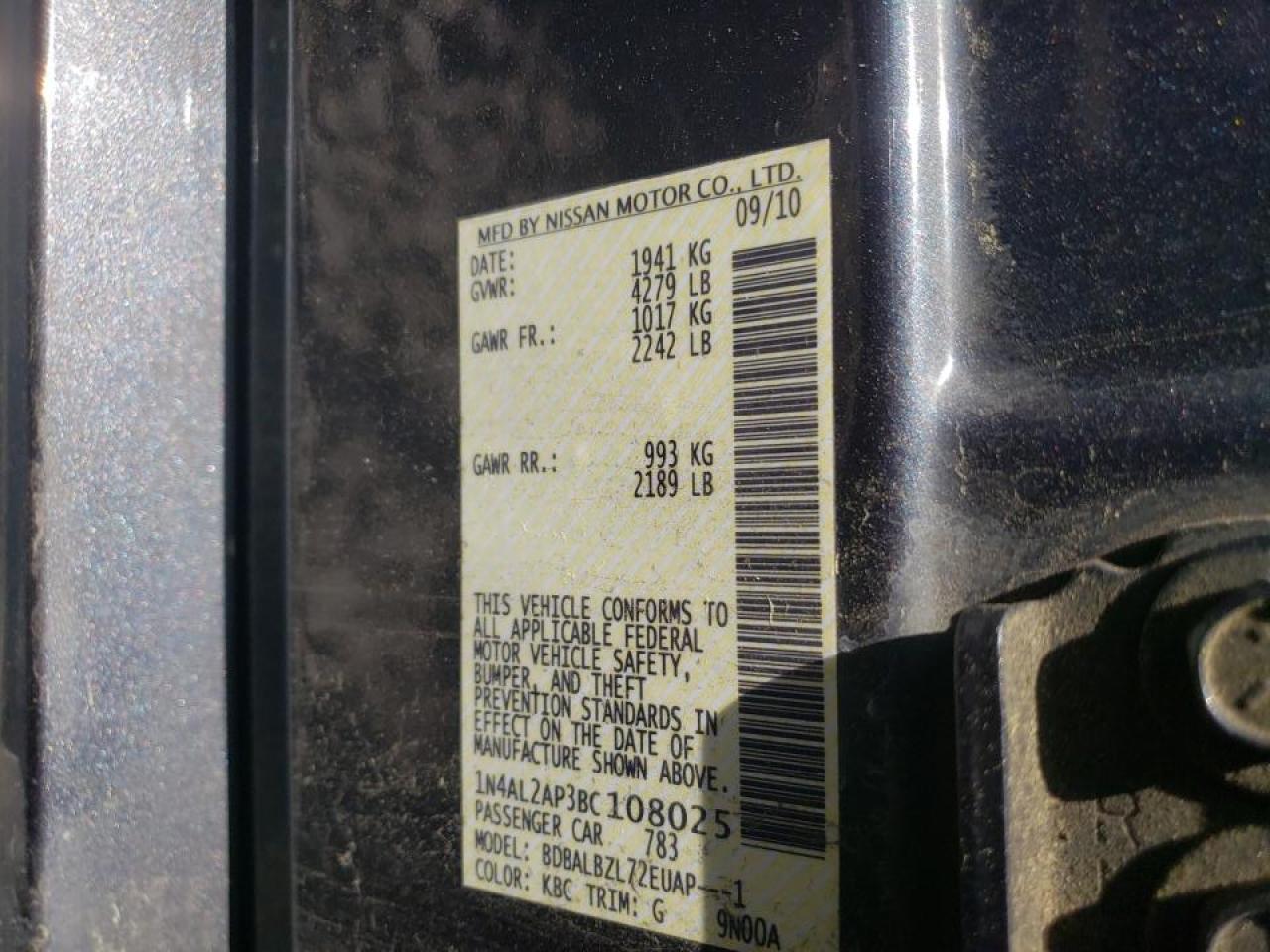 Photo 10 from auction – 2011 NISSAN ALTIMA BAS with VIN 1N4AL2AP3BC108025