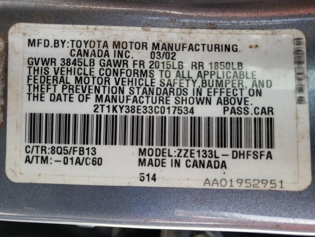 Photo 10 from auction – 2003 TOYOTA COROLLA MA with VIN 2T1KY38E33C017534