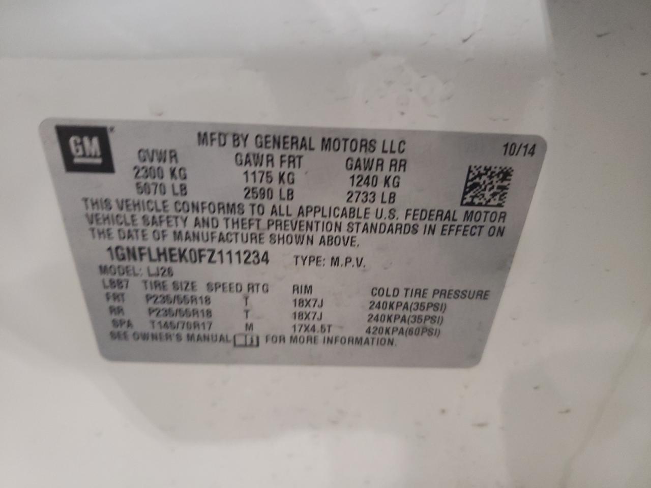 Photo 10 from auction – 2015 CHEVROLET EQUINOX LT with VIN 1GNFLHEK0FZ111234