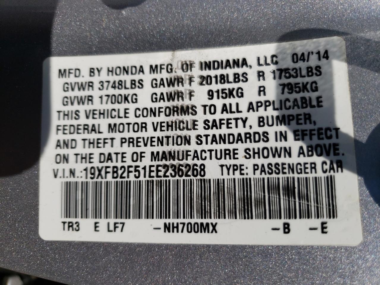Photo 10 from auction – 2014 HONDA CIVIC LX with VIN 19XFB2F51EE236268