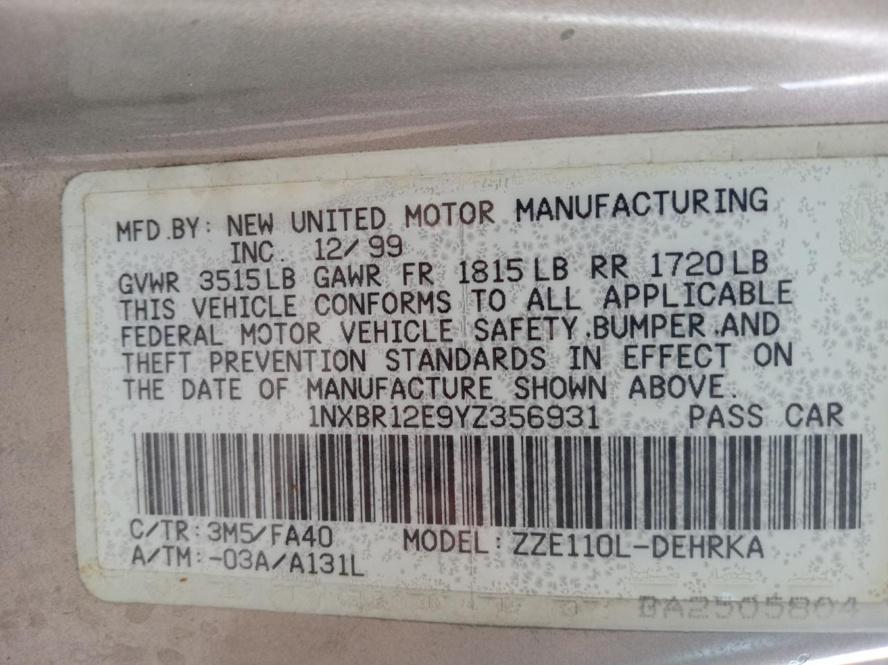 Photo 10 from auction – 2000 TOYOTA COROLLA VE with VIN 1NXBR12E9YZ356931