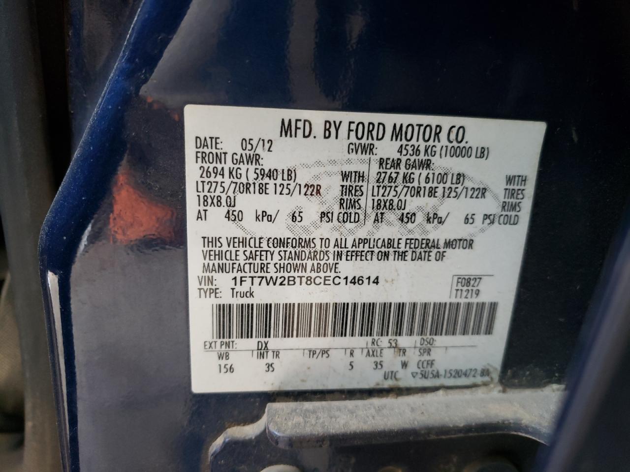 Photo 10 from auction – 2012 FORD F250 SUPER with VIN 1FT7W2BT8CEC14614