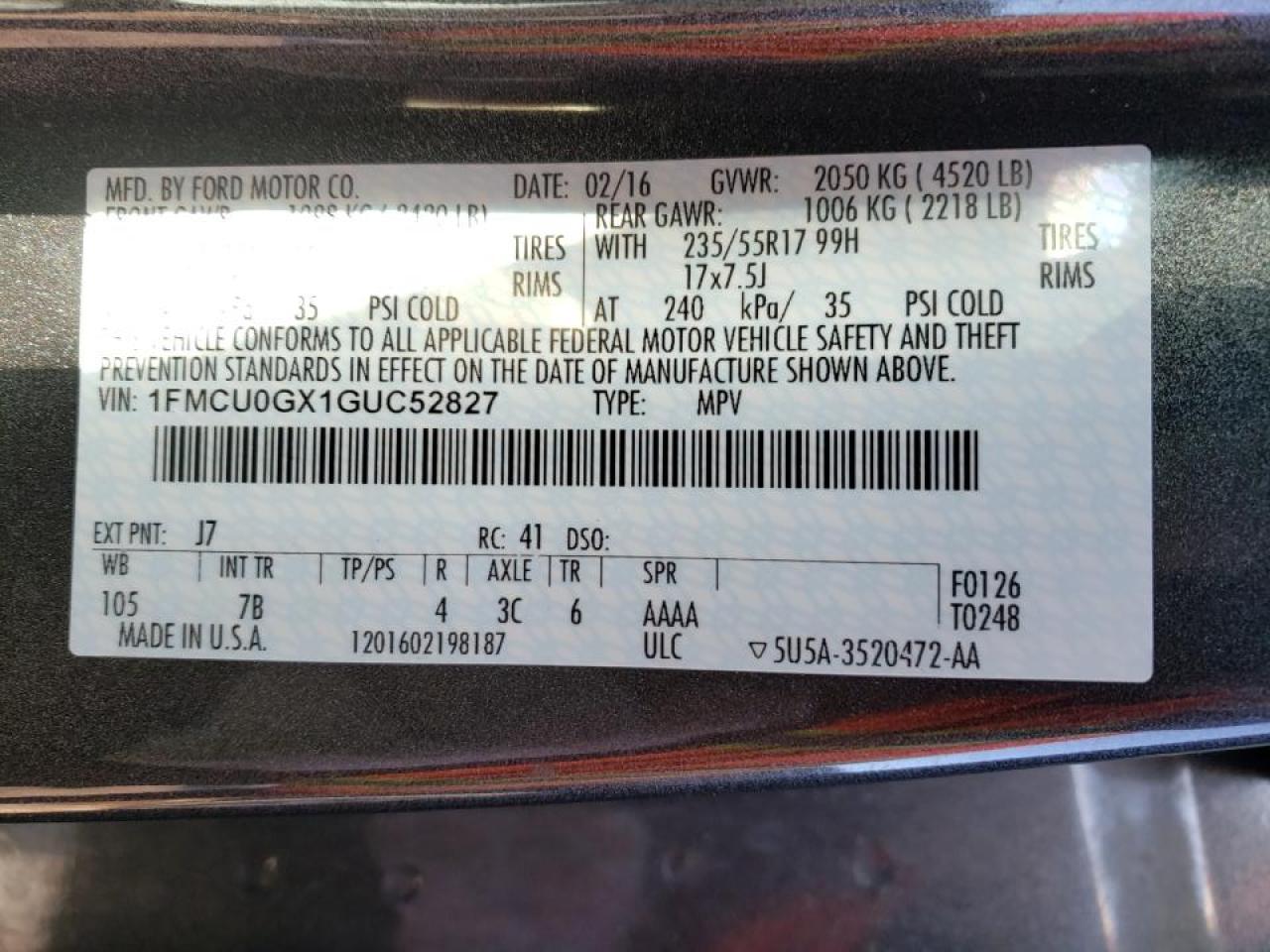 Photo 10 from auction – 2016 FORD ESCAPE SE with VIN 1FMCU0GX1GUC52827