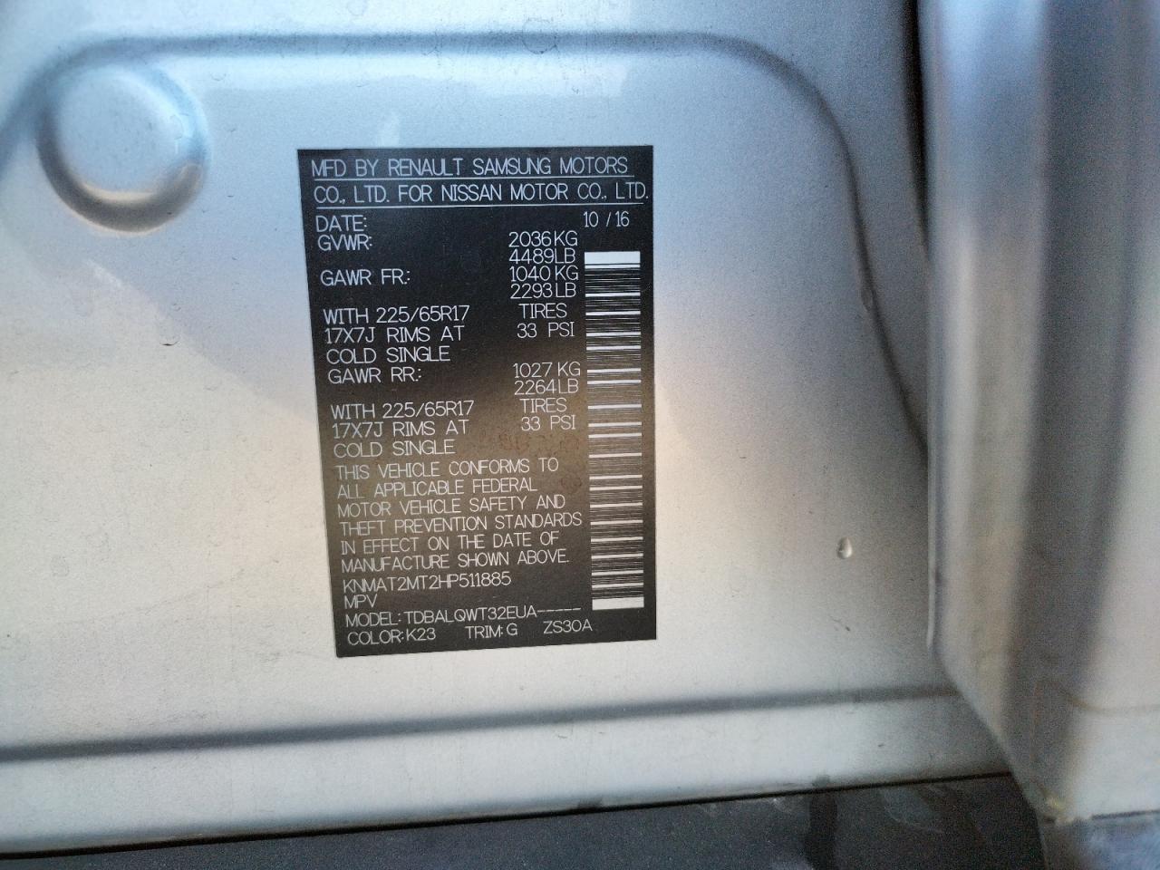 Photo 10 from auction – 2017 NISSAN ROGUE S with VIN KNMAT2MT2HP511885