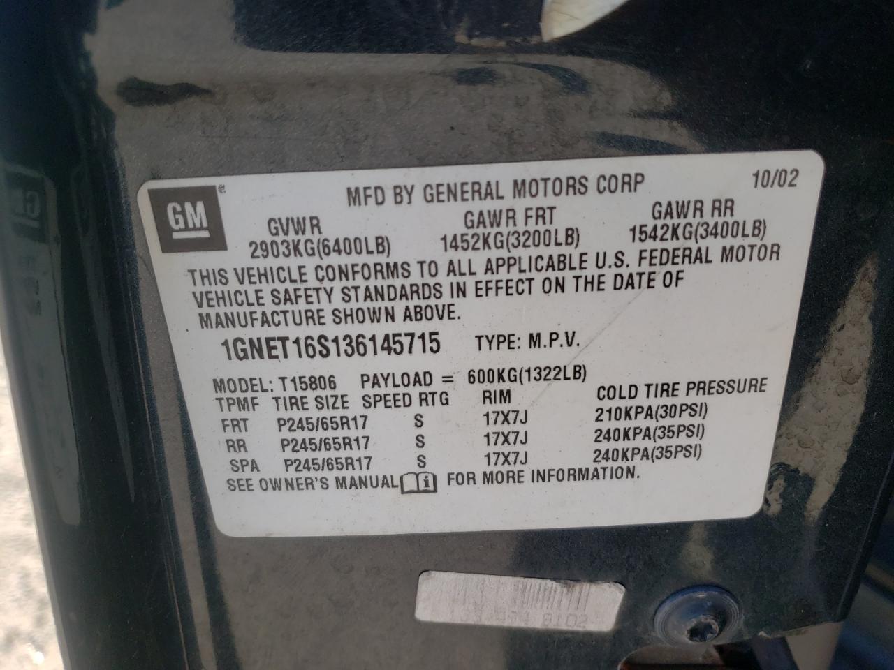 Photo 10 from auction – 2003 CHEVROLET TRAILBLAZE with VIN 1GNET16S136145715