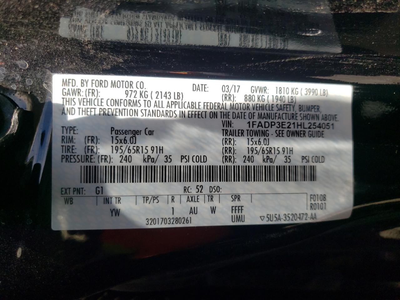 Photo 10 from auction – 2017 FORD FOCUS S with VIN 1FADP3E21HL254051