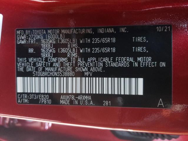 Photo 10 from auction – 2022 TOYOTA HIGHLANDER with VIN 5TDGBRCH0NS538880