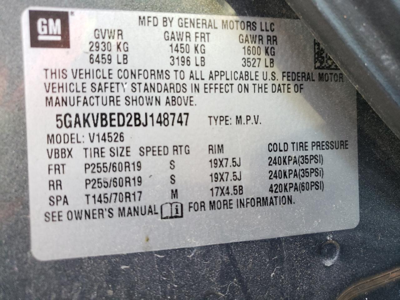 Photo 10 from auction – 2011 BUICK ENCLAVE CX with VIN 5GAKVBED2BJ148747