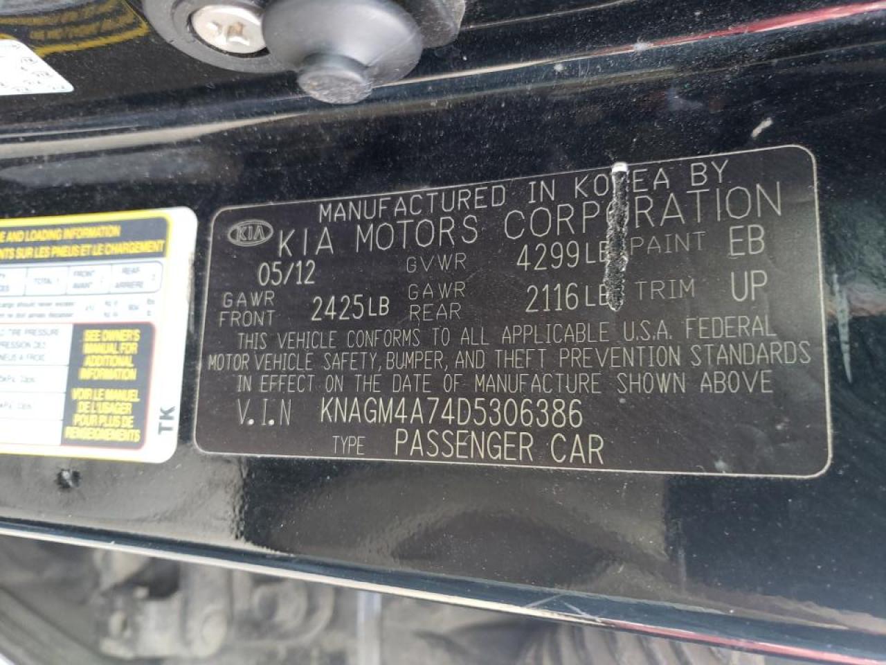 Photo 10 from auction – 2013 KIA OPTIMA LX with VIN KNAGM4A74D5306386