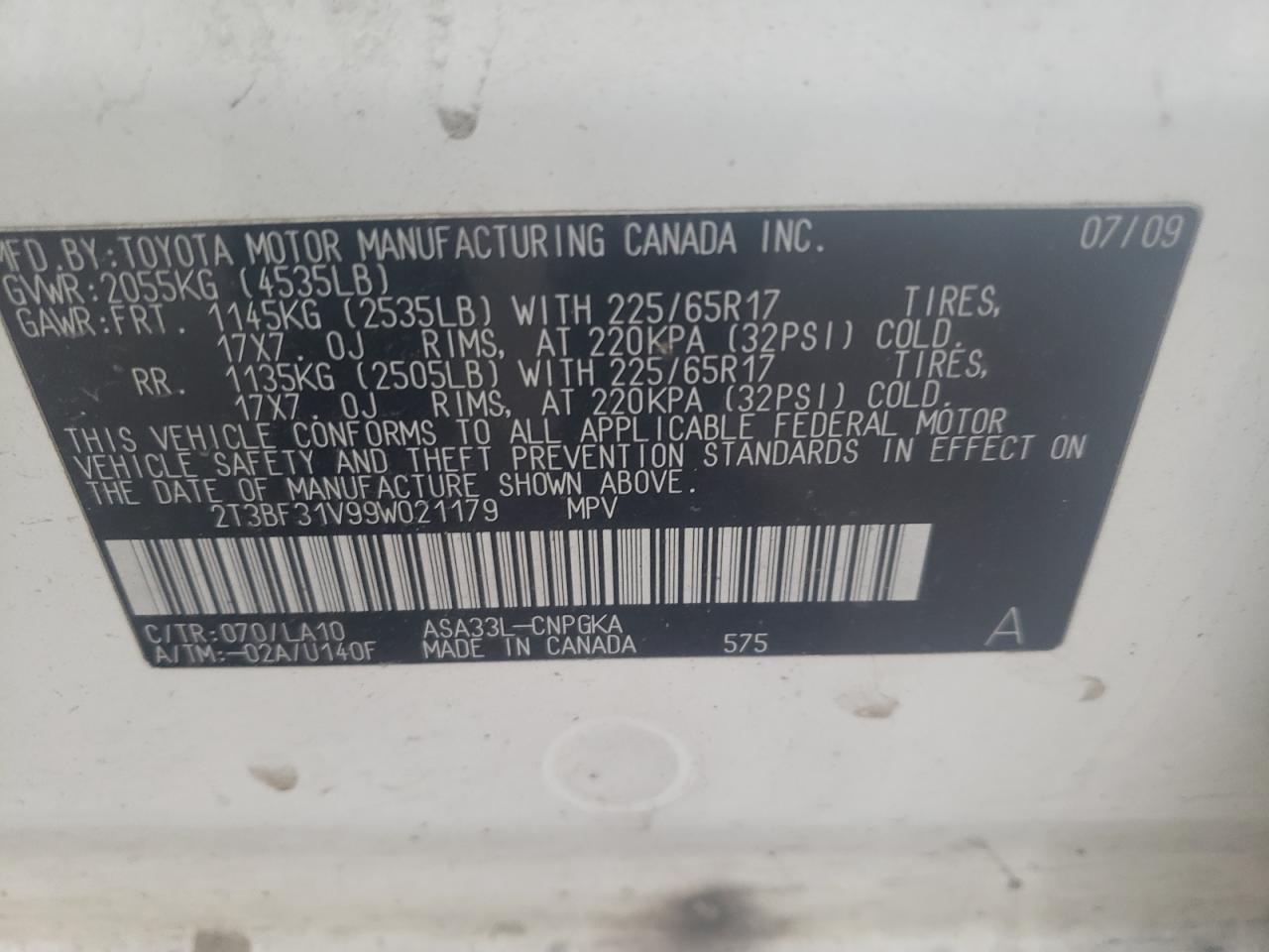 Photo 10 from auction – 2009 TOYOTA RAV4 LIMIT with VIN 2T3BF31V99W021179