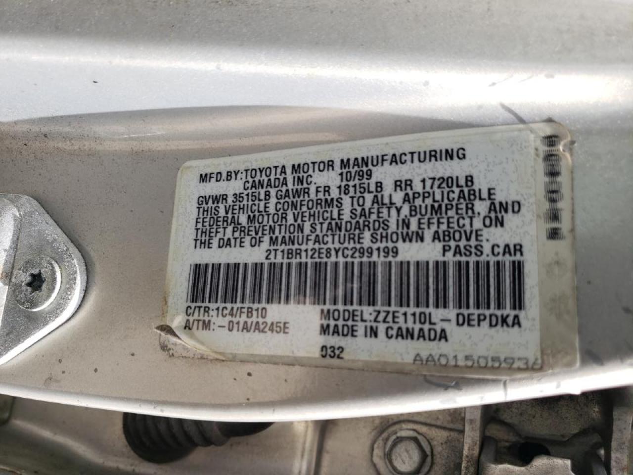 Photo 10 from auction – 2000 TOYOTA COROLLA VE with VIN 2T1BR12E8YC299199