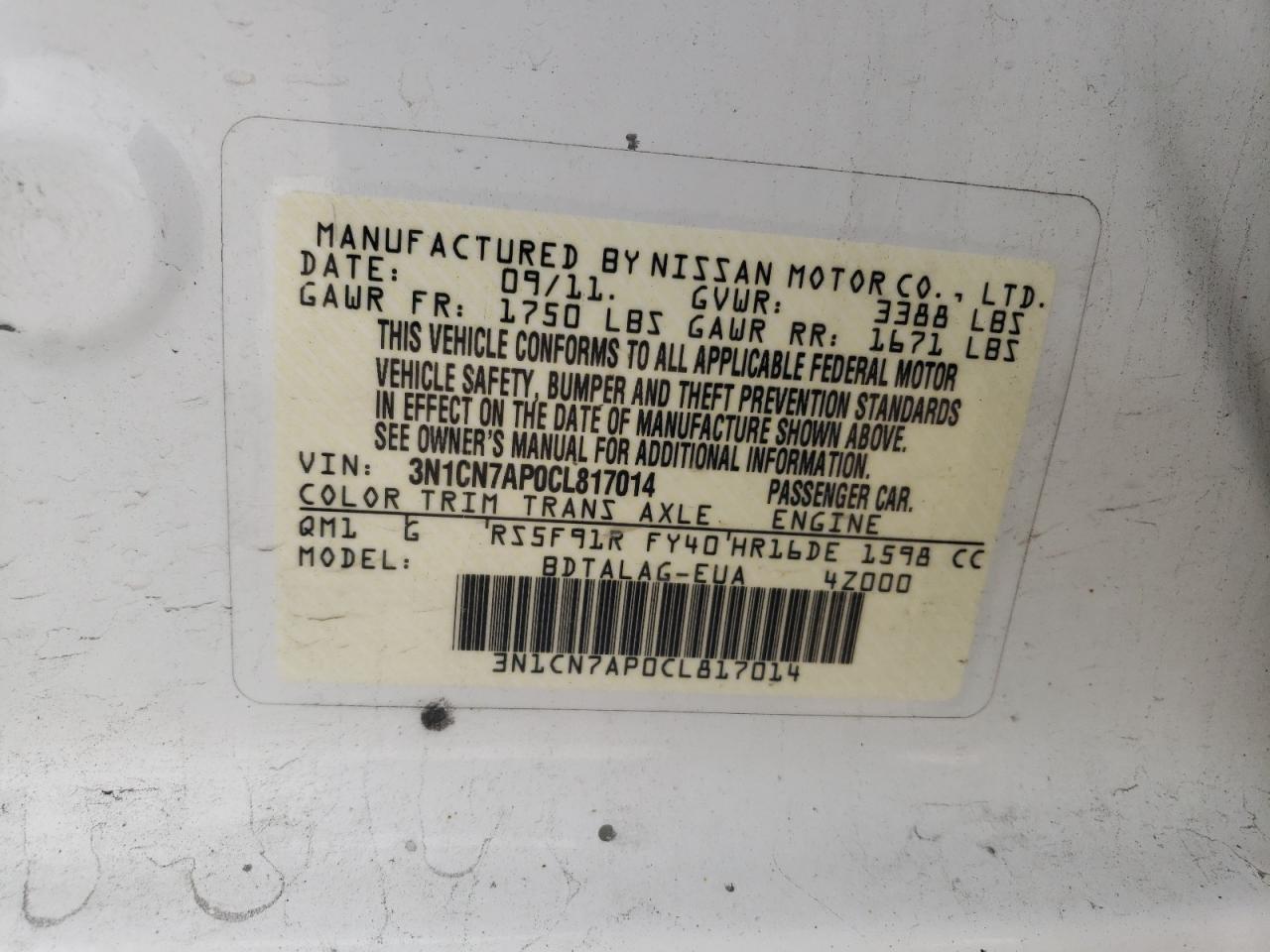 Photo 10 from auction – 2012 NISSAN VERSA S with VIN 3N1CN7AP0CL817014