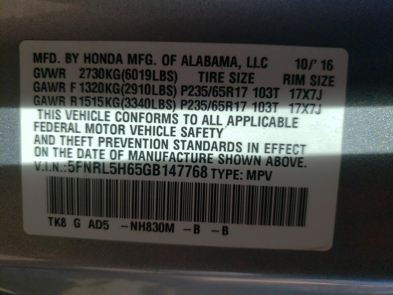 Photo 10 from auction – 2016 HONDA ODYSSEY EX with VIN 5FNRL5H65GB147768