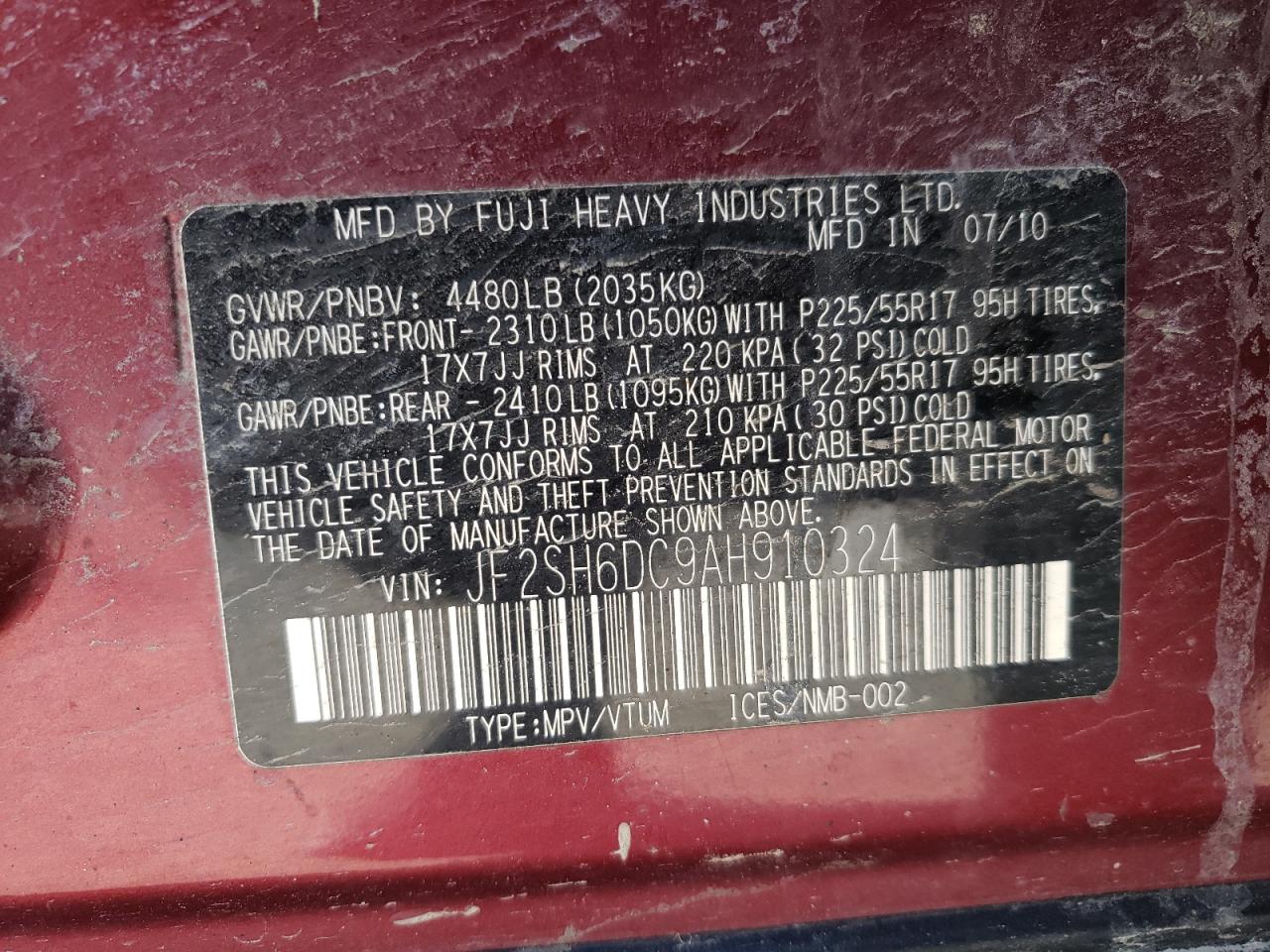 Photo 10 from auction – 2010 SUBARU FORESTER 2 with VIN JF2SH6DC9AH910324