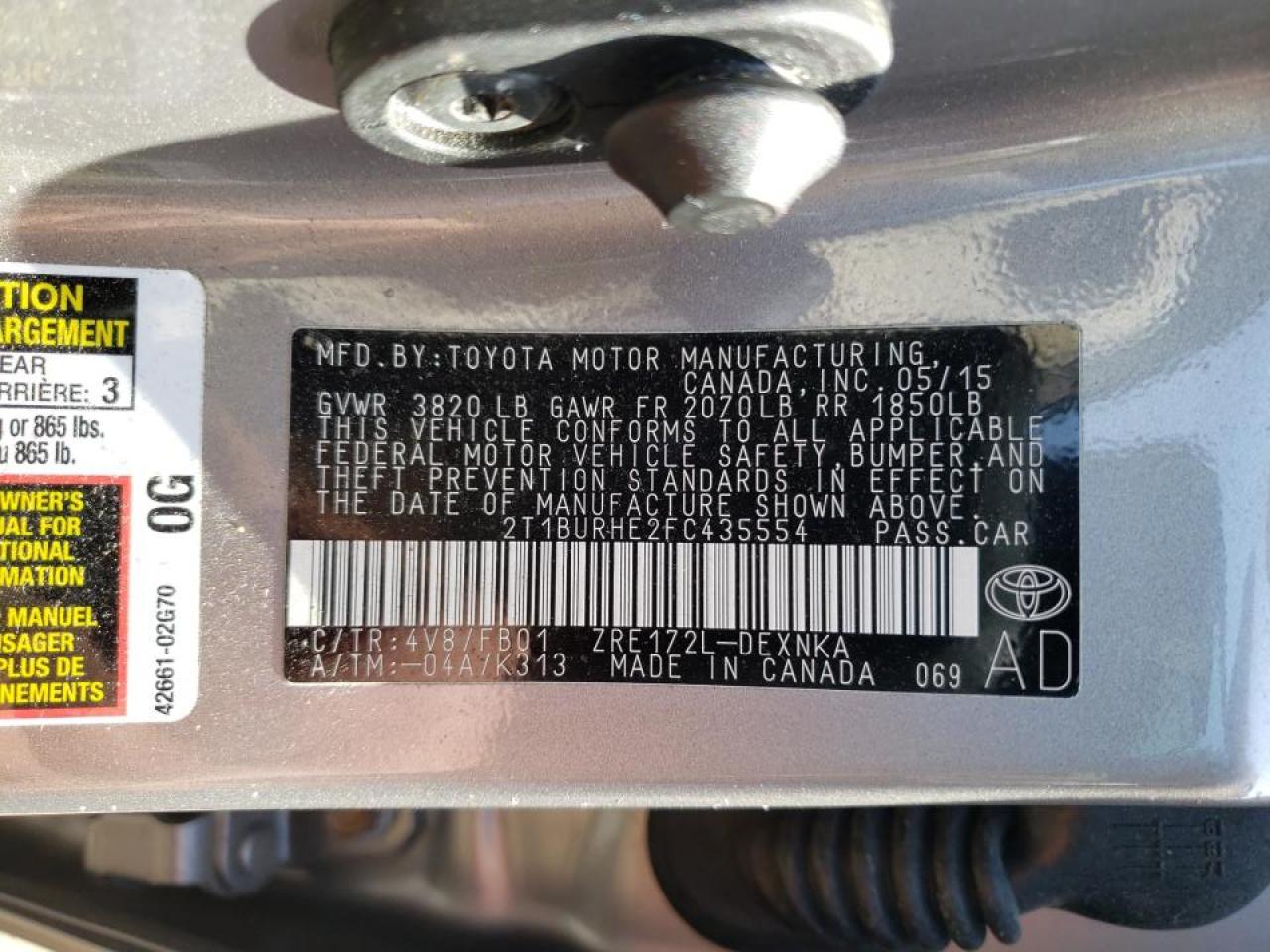 Photo 10 from auction – 2015 TOYOTA COROLLA L with VIN 2T1BURHE2FC435554