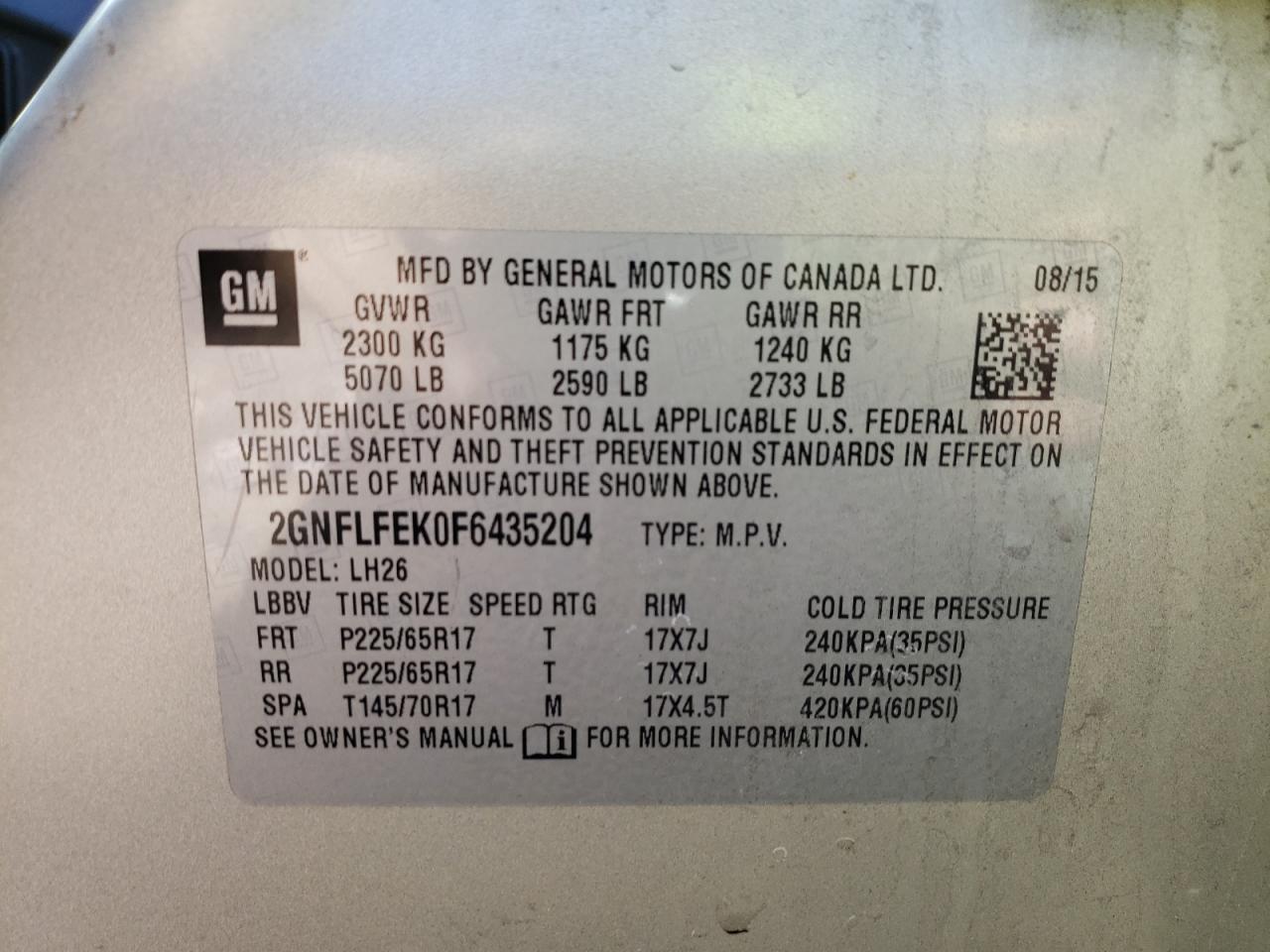 Photo 10 from auction – 2015 CHEVROLET EQUINOX LT with VIN 2GNFLFEK0F6435204
