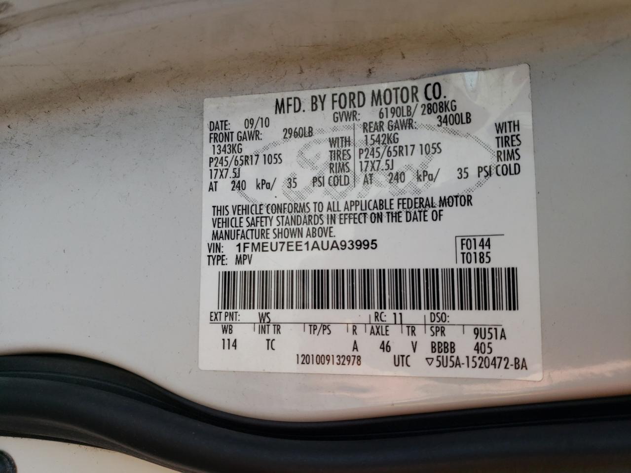 Photo 10 from auction – 2010 FORD EXPLORER E with VIN 1FMEU7EE1AUA93995