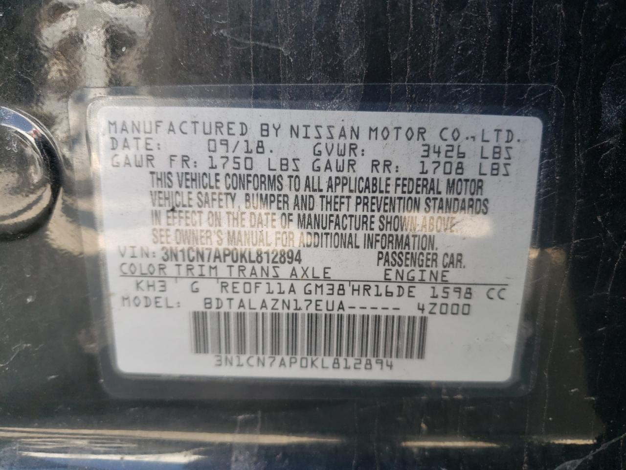 Photo 10 from auction – 2019 NISSAN VERSA S with VIN 3N1CN7AP0KL812894