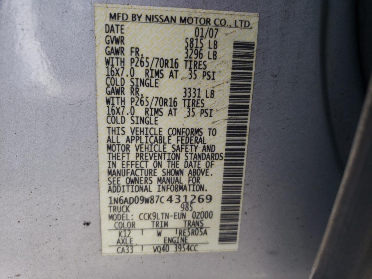 Photo 10 from auction – 2007 NISSAN FRONTIER C with VIN 1N6AD09W87C431269