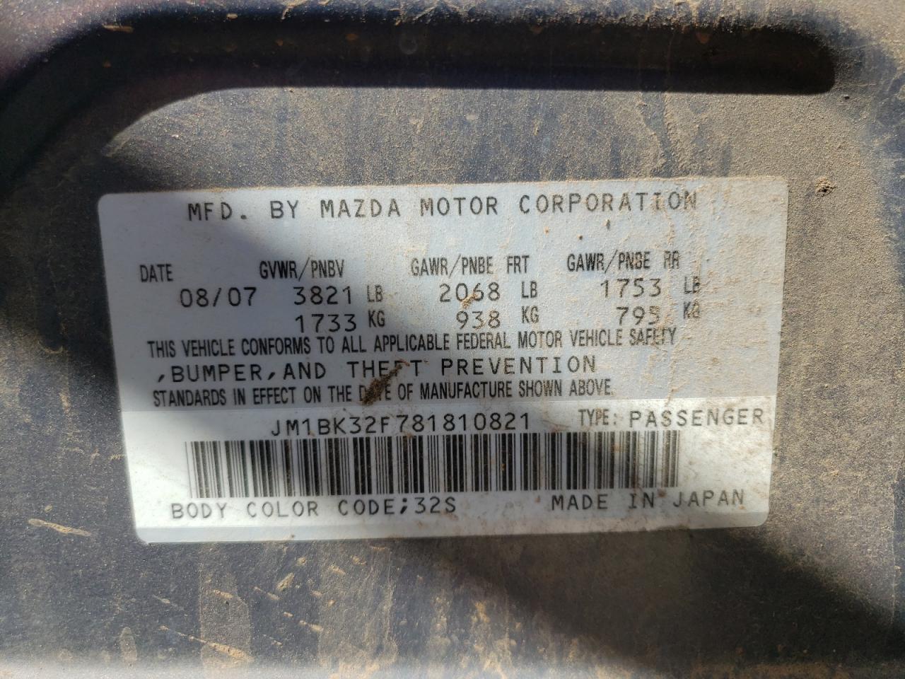 Photo 10 from auction – 2008 MAZDA 3 I with VIN JM1BK32F781810821