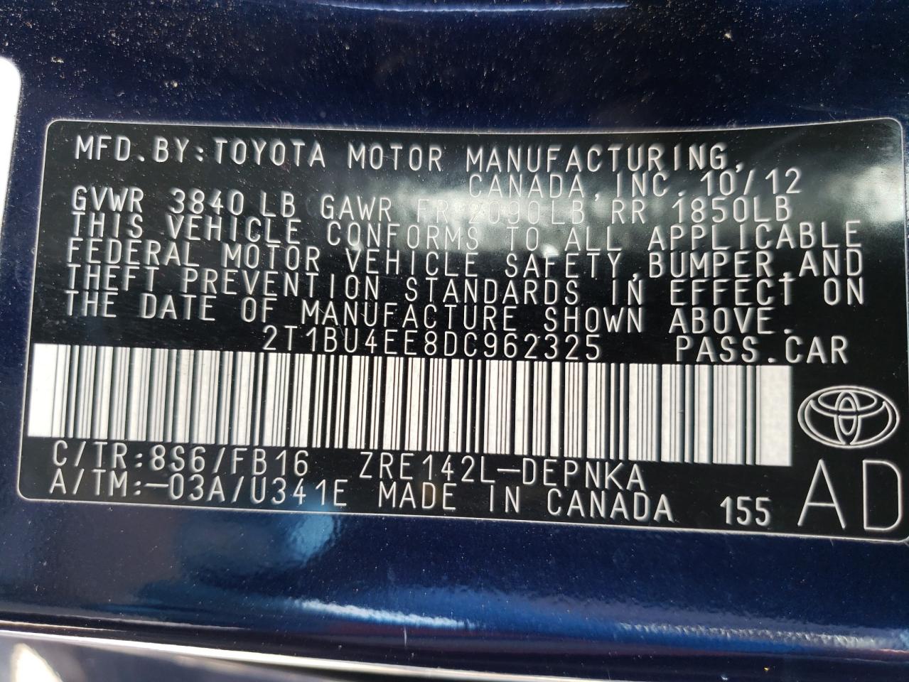Photo 10 from auction – 2013 TOYOTA COROLLA BA with VIN 2T1BU4EE8DC962325