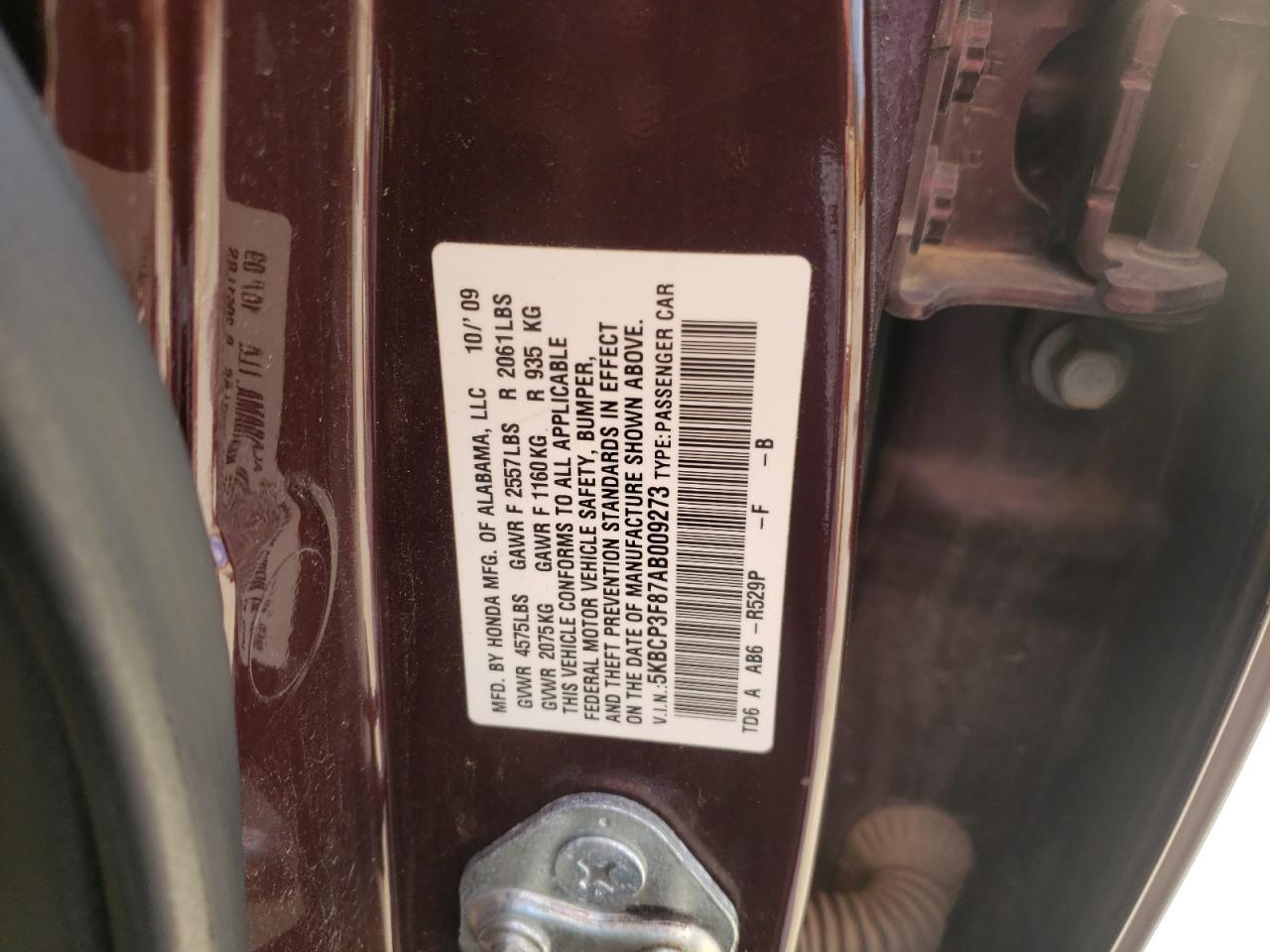 Photo 10 from auction – 2010 HONDA ACCORD EXL with VIN 5KBCP3F87AB009273