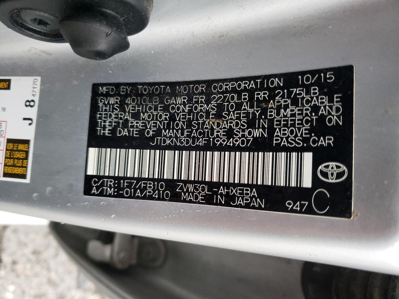 Photo 10 from auction – 2015 TOYOTA PRIUS with VIN JTDKN3DU4F1994907