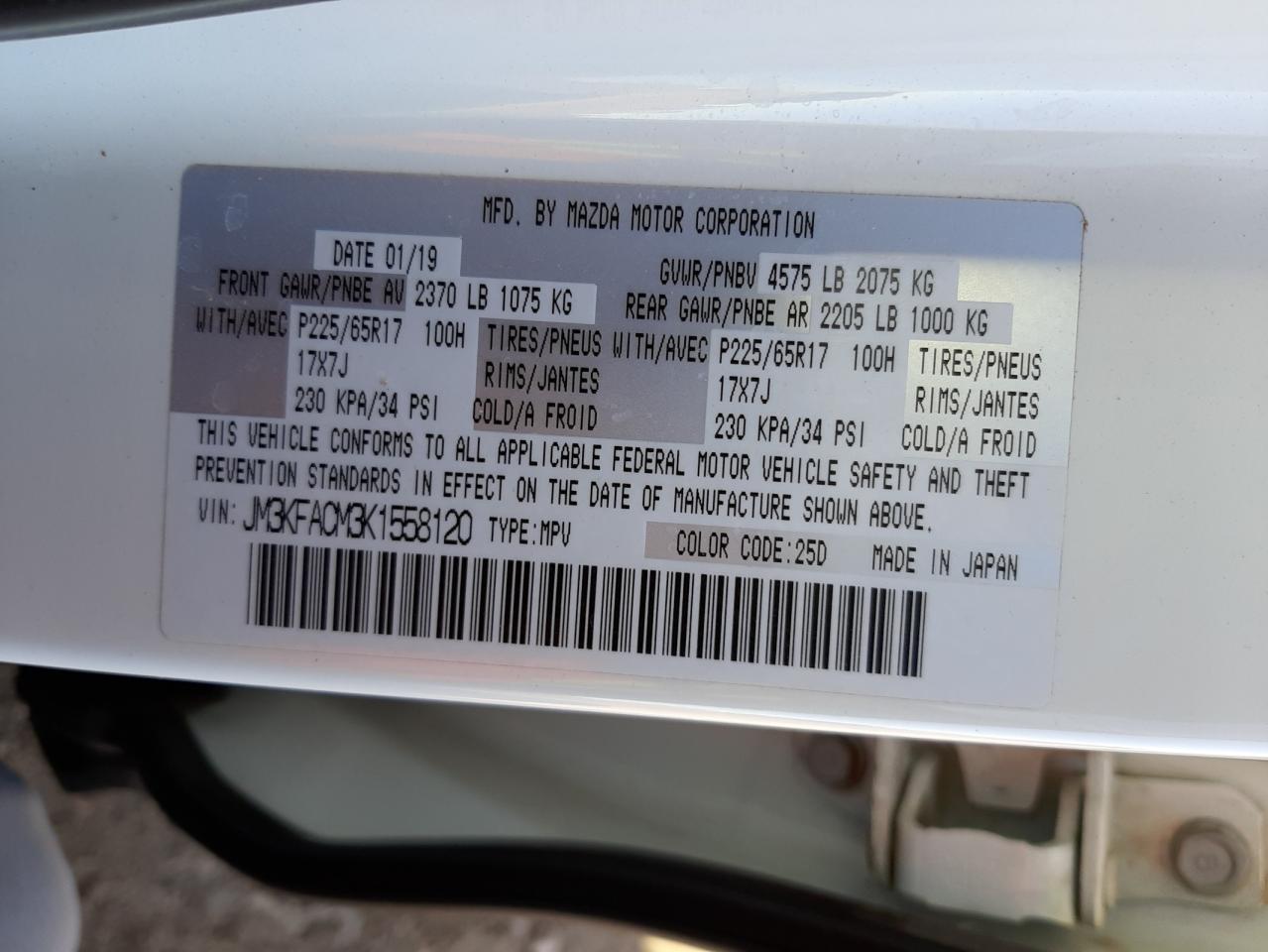 Photo 10 from auction – 2019 MAZDA CX-5 TOURI with VIN JM3KFACM3K1558120
