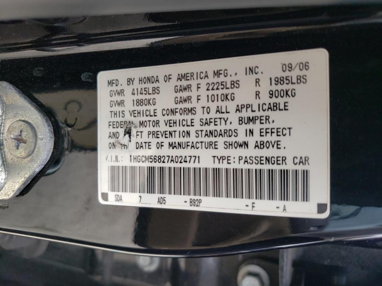 Photo 10 from auction – 2007 HONDA ACCORD EX with VIN 1HGCM56827A024771