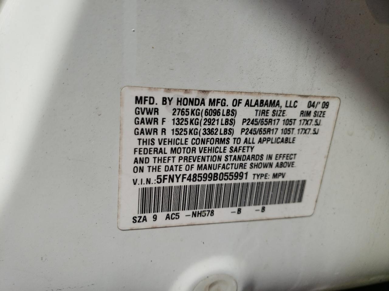 Photo 10 from auction – 2009 HONDA PILOT EXL with VIN 5FNYF48599B055991