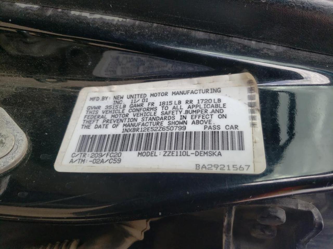 Photo 17 from auction – 2002 TOYOTA COROLLA CE with VIN 1NXBR12E52Z650799