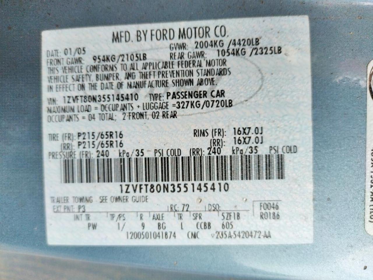 Photo 10 from auction – 2005 FORD MUSTANG with VIN 1ZVFT80N355145410