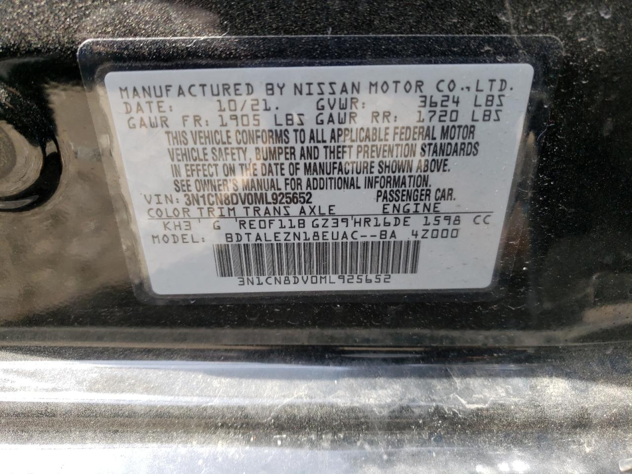 Photo 10 from auction – 2021 NISSAN VERSA S with VIN 3N1CN8DV0ML925652