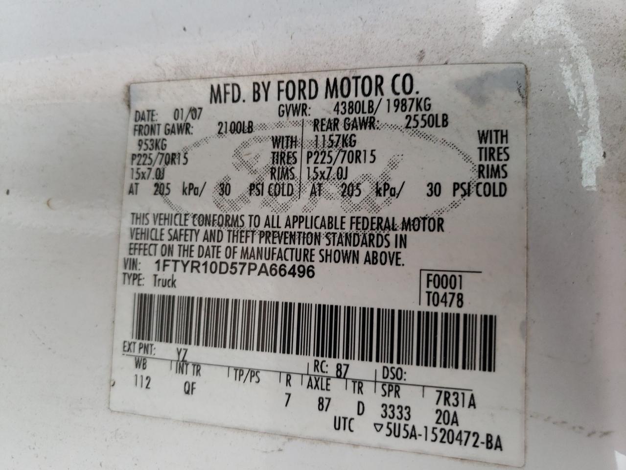 Photo 10 from auction – 2007 FORD RANGER with VIN 1FTYR10D57PA66496