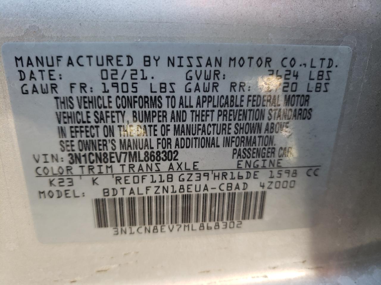 Photo 10 from auction – 2021 NISSAN VERSA SV with VIN 3N1CN8EV7ML868302